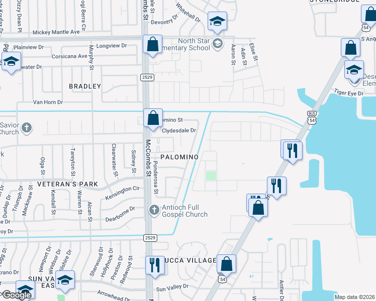 map of restaurants, bars, coffee shops, grocery stores, and more near 10541 Palomino Street in El Paso