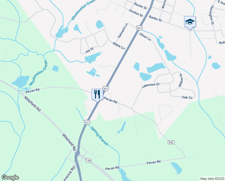 map of restaurants, bars, coffee shops, grocery stores, and more near 108 Pecan Road in Glennville