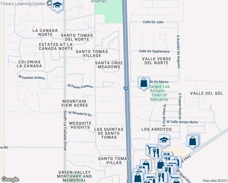 map of restaurants, bars, coffee shops, grocery stores, and more near 18184 South Peaceful Meadow Court in Sahuarita