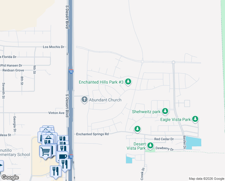 map of restaurants, bars, coffee shops, grocery stores, and more near 2166 Enchanted Crest Drive in El Paso