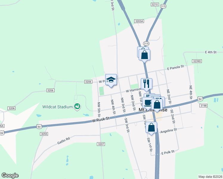 map of restaurants, bars, coffee shops, grocery stores, and more near 301 Northwest 3rd Street in Mount Enterprise