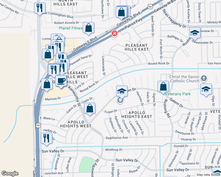 map of restaurants, bars, coffee shops, grocery stores, and more near 10605 Pisces Place in El Paso