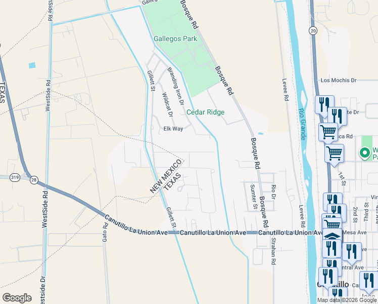 map of restaurants, bars, coffee shops, grocery stores, and more near 485 Brothers Road in Canutillo