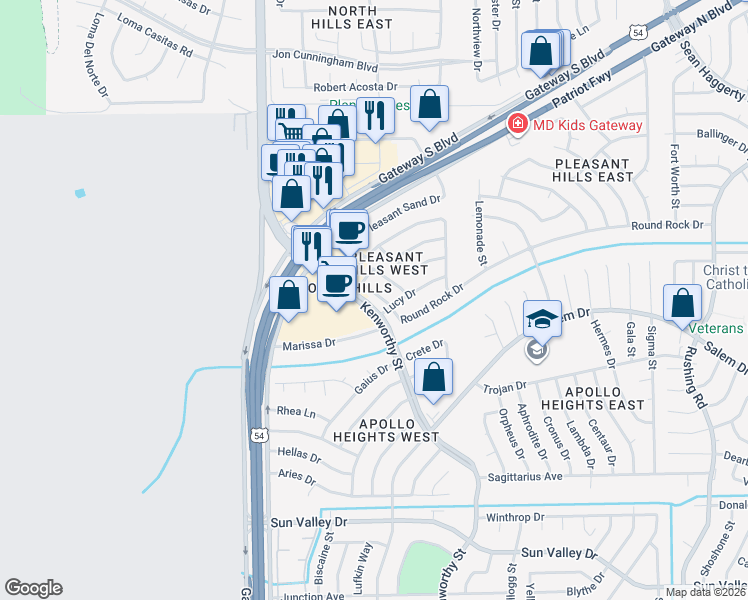 map of restaurants, bars, coffee shops, grocery stores, and more near 4665 Round Rock Drive in El Paso
