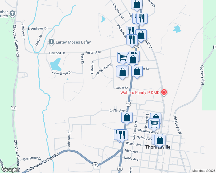 map of restaurants, bars, coffee shops, grocery stores, and more near 975 Melanie Lane in Thomasville