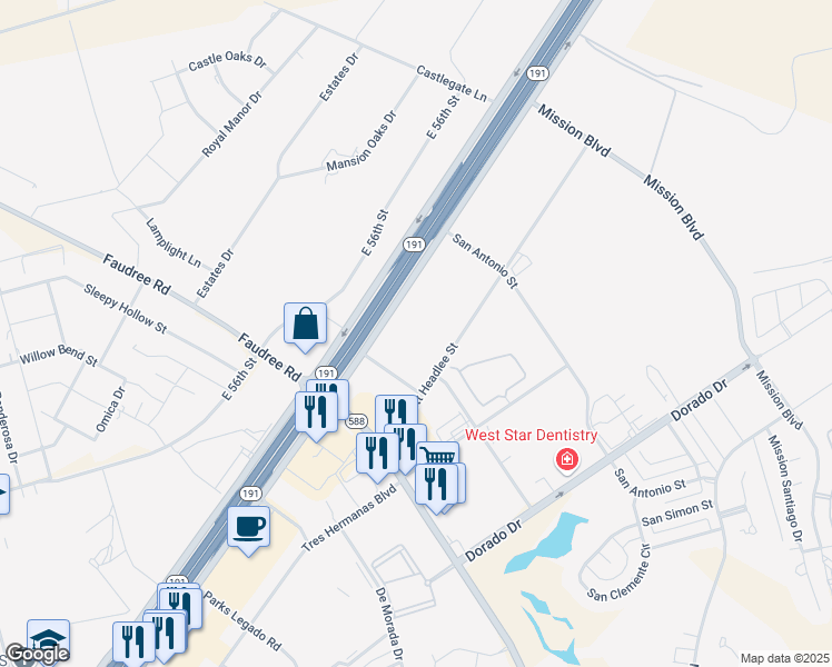 map of restaurants, bars, coffee shops, grocery stores, and more near 8050 Highway 191 in Midland