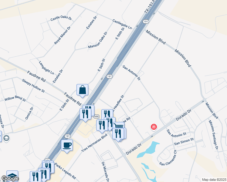 map of restaurants, bars, coffee shops, grocery stores, and more near 8050 Highway 191 in Midland