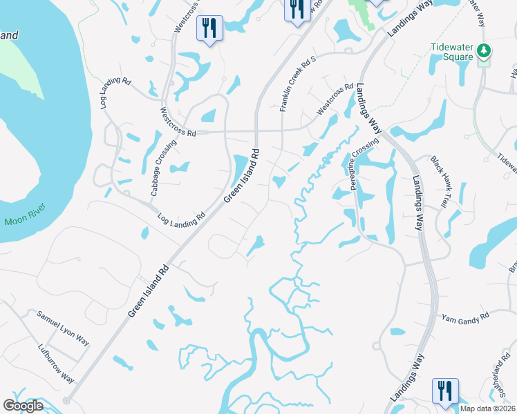 map of restaurants, bars, coffee shops, grocery stores, and more near 2 Hawksbeard Lane in Savannah