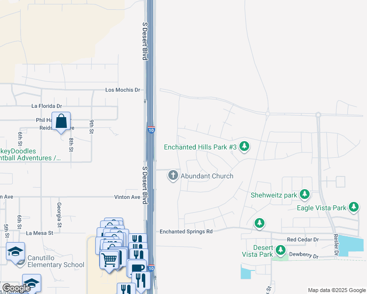 map of restaurants, bars, coffee shops, grocery stores, and more near 7865 Enchanted Circle Drive in El Paso