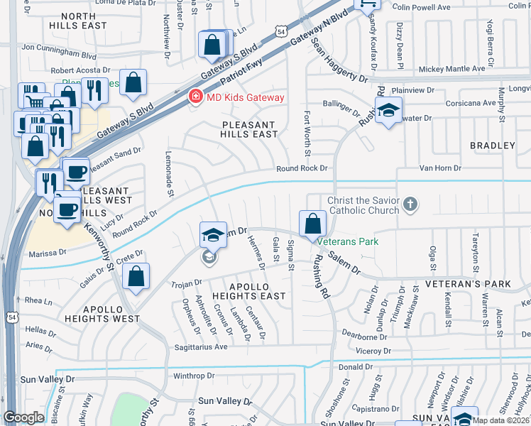 map of restaurants, bars, coffee shops, grocery stores, and more near 10612 Tiber Place in El Paso