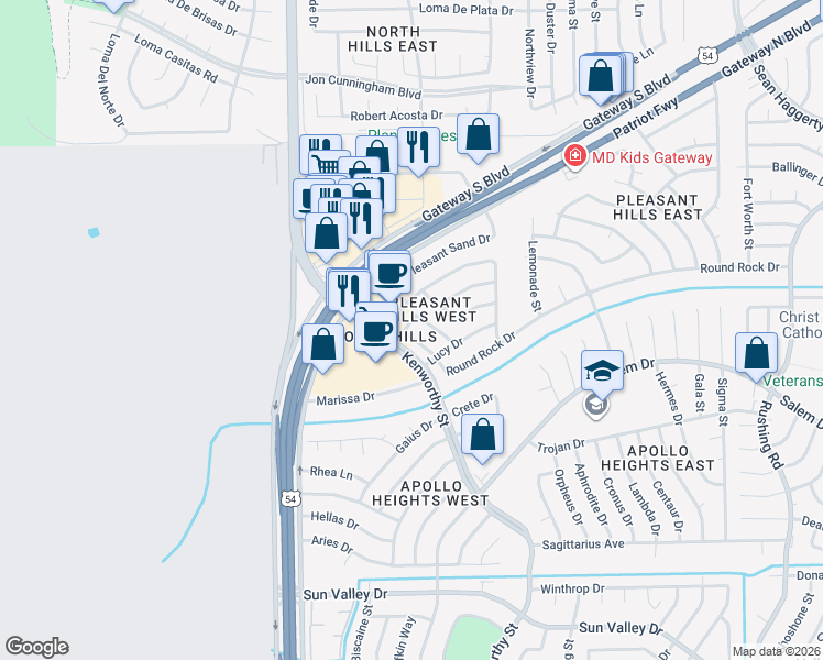 map of restaurants, bars, coffee shops, grocery stores, and more near 4665 Round Rock Drive in El Paso