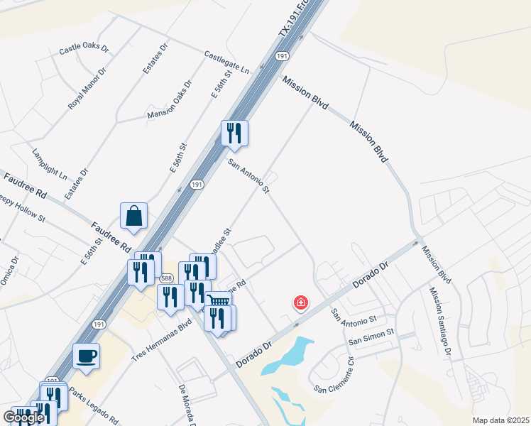 map of restaurants, bars, coffee shops, grocery stores, and more near 4121 San Antonio Street in Odessa