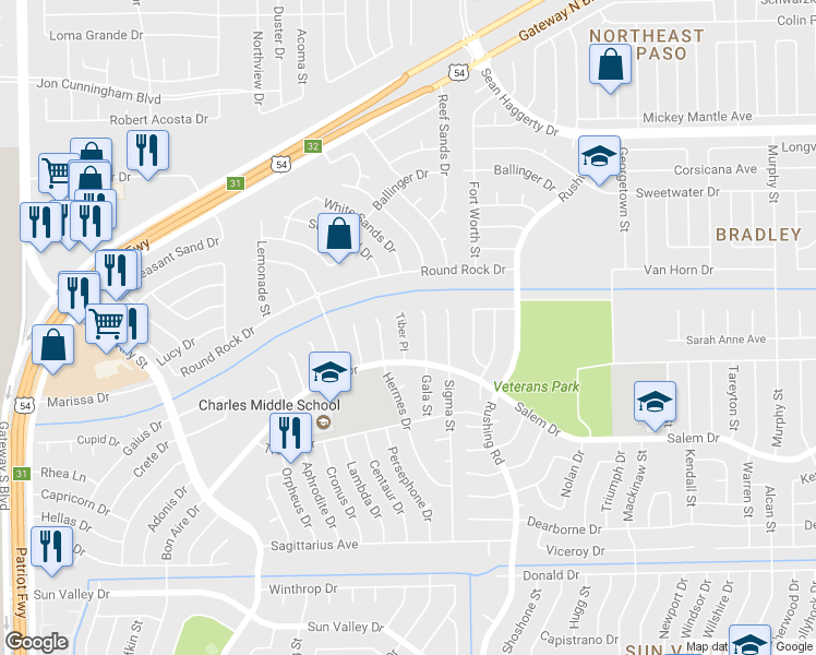 map of restaurants, bars, coffee shops, grocery stores, and more near 10612 Tiber Place in El Paso