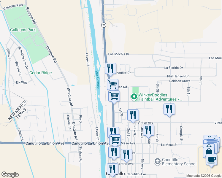 map of restaurants, bars, coffee shops, grocery stores, and more near 7311 Doniphan Drive in Canutillo