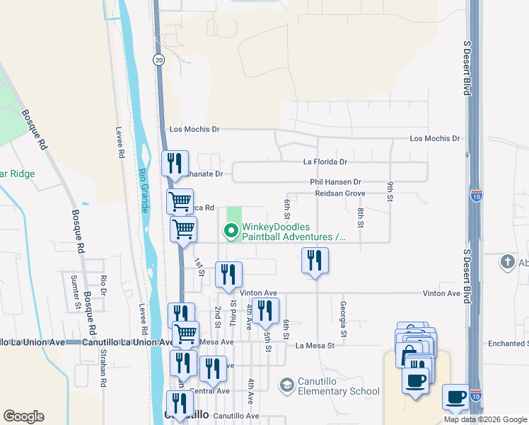 map of restaurants, bars, coffee shops, grocery stores, and more near 525 Anthony Avenue in Canutillo