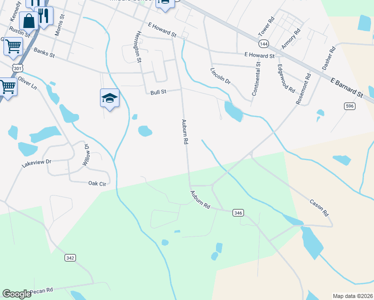 map of restaurants, bars, coffee shops, grocery stores, and more near Auburn Road in Glennville