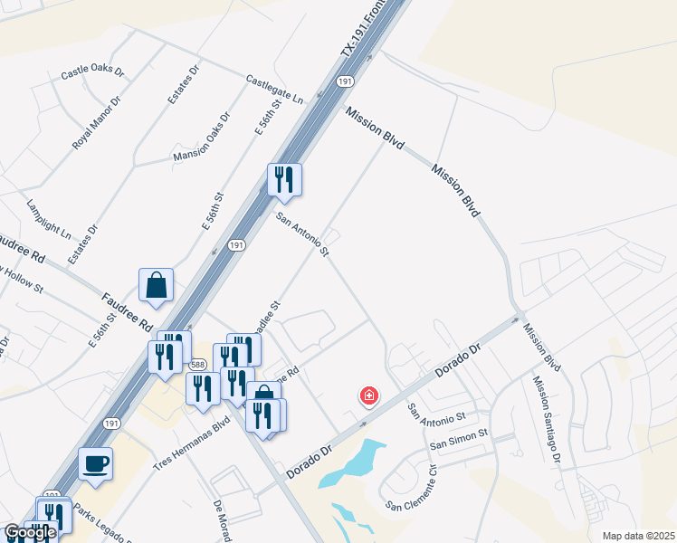 map of restaurants, bars, coffee shops, grocery stores, and more near San Antonio Street in Odessa