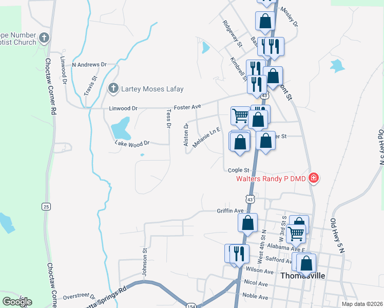 map of restaurants, bars, coffee shops, grocery stores, and more near 975 Melanie Lane in Thomasville
