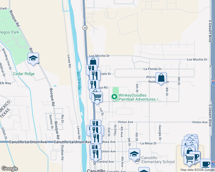 map of restaurants, bars, coffee shops, grocery stores, and more near 140 El Chanate Drive in Canutillo
