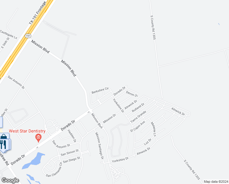 map of restaurants, bars, coffee shops, grocery stores, and more near 2 Berkshire Circle in Odessa