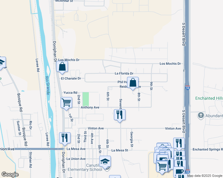 map of restaurants, bars, coffee shops, grocery stores, and more near 512 Phil Hansen Drive in Canutillo
