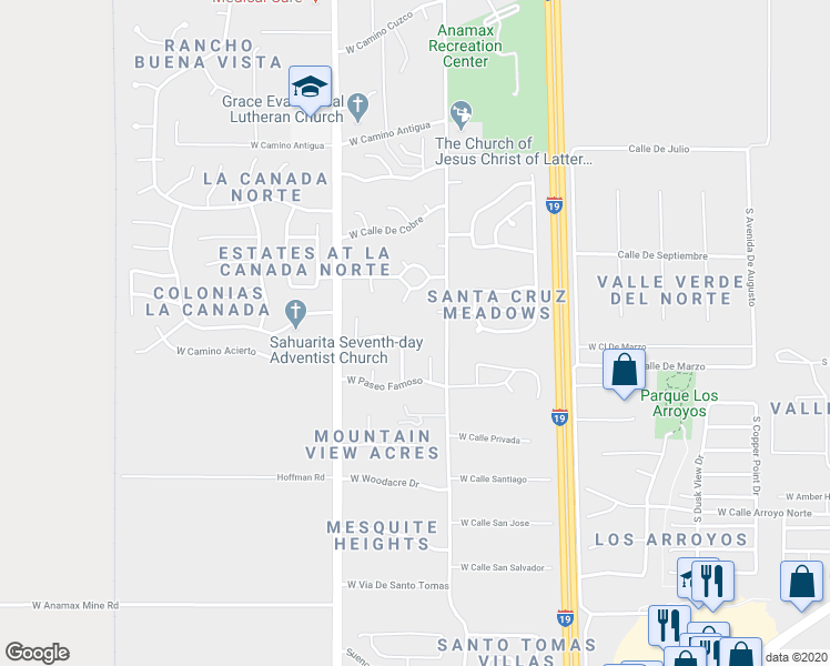 map of restaurants, bars, coffee shops, grocery stores, and more near 1270 West Paseo Del Compadre in Sahuarita