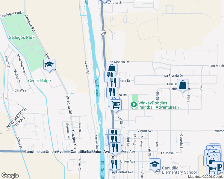 map of restaurants, bars, coffee shops, grocery stores, and more near 7270 Doniphan Drive in Canutillo