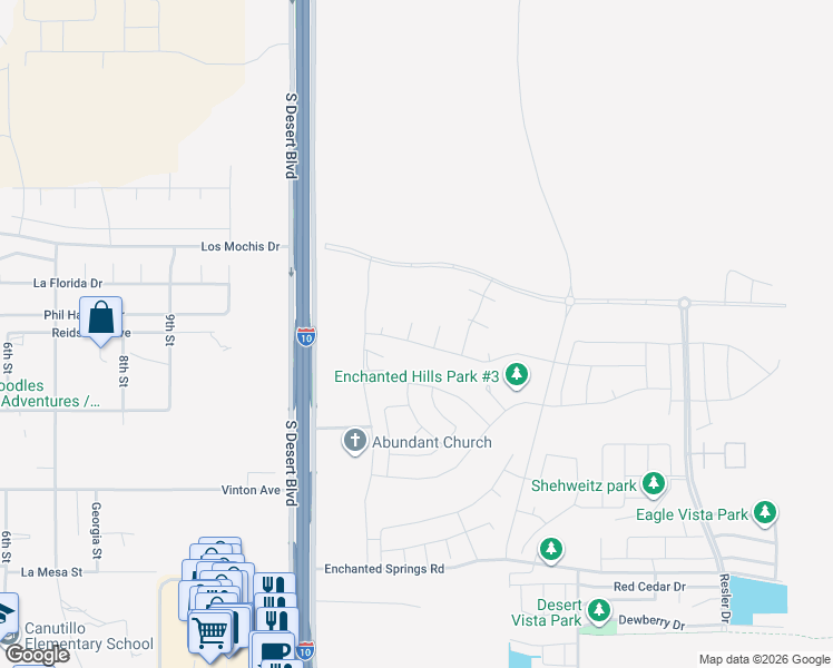 map of restaurants, bars, coffee shops, grocery stores, and more near 7100 Desert Boulevard North in El Paso