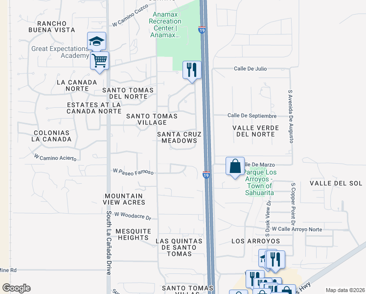 map of restaurants, bars, coffee shops, grocery stores, and more near 1080 West Still Glen Trail in Sahuarita