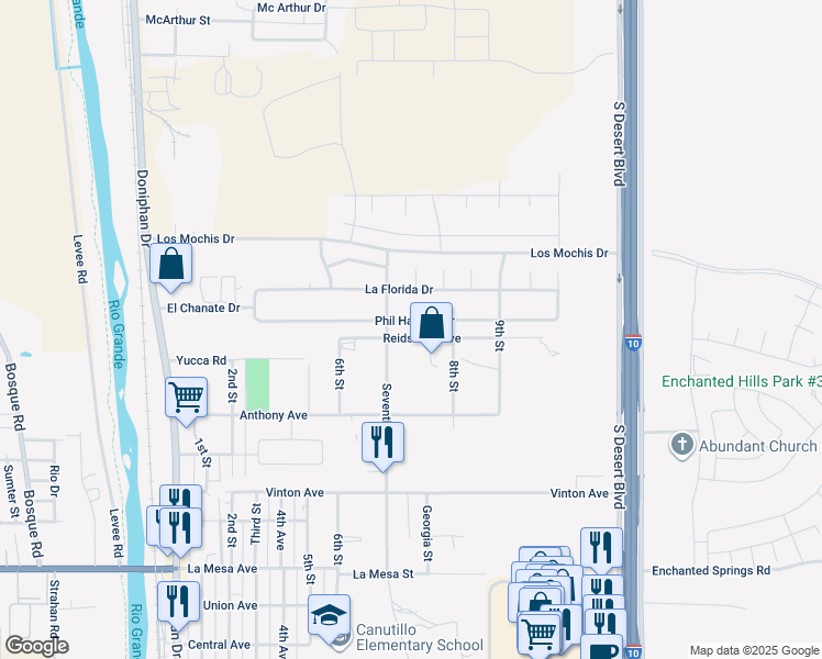 map of restaurants, bars, coffee shops, grocery stores, and more near 612 Phil Hansen Drive in Canutillo