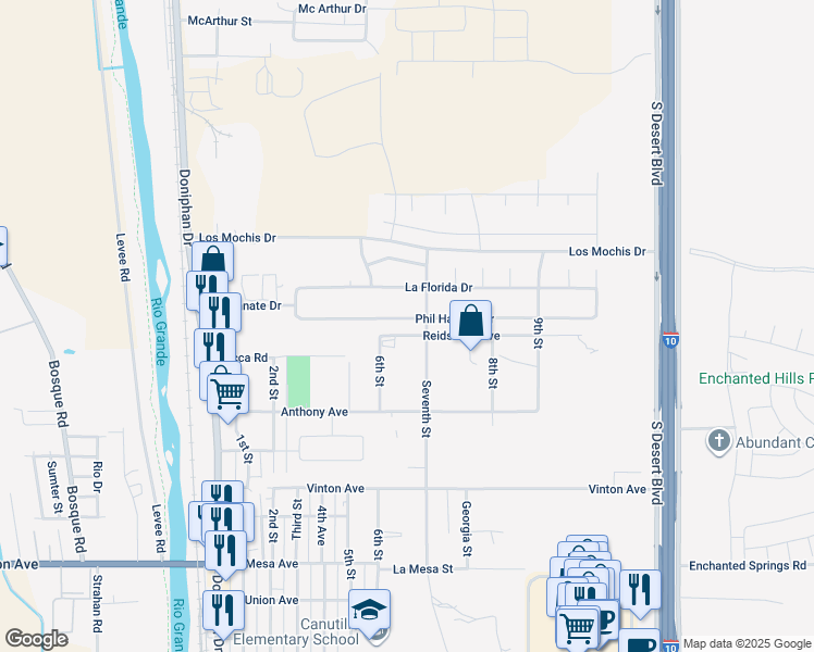 map of restaurants, bars, coffee shops, grocery stores, and more near 512 Phil Hansen Drive in Canutillo