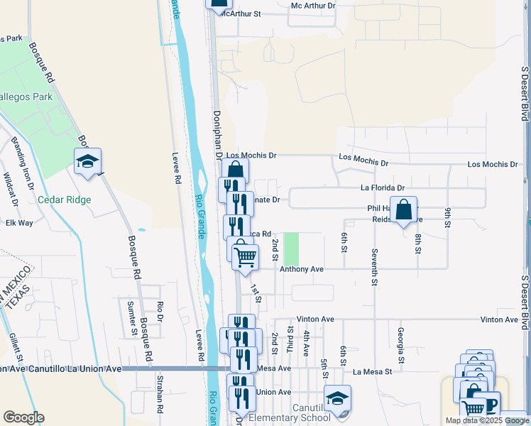 map of restaurants, bars, coffee shops, grocery stores, and more near 140 El Chanate Drive in Canutillo