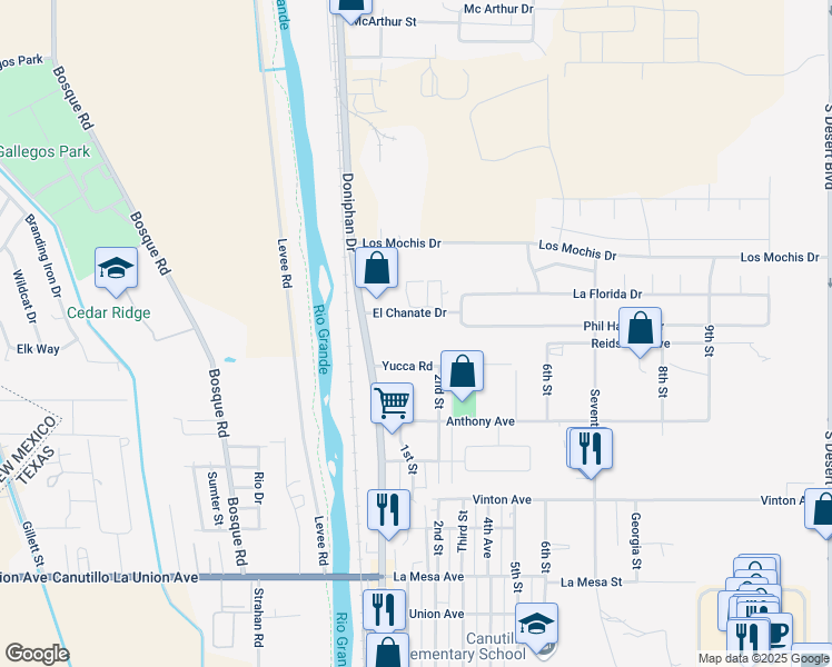 map of restaurants, bars, coffee shops, grocery stores, and more near 140 El Chanate Drive in Canutillo