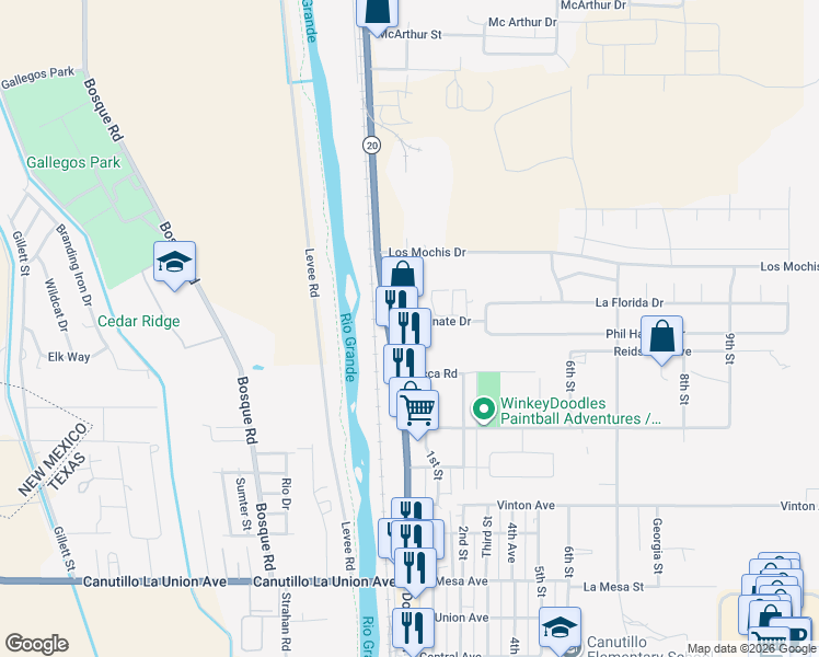 map of restaurants, bars, coffee shops, grocery stores, and more near 7270 Doniphan Dr in Canutillo