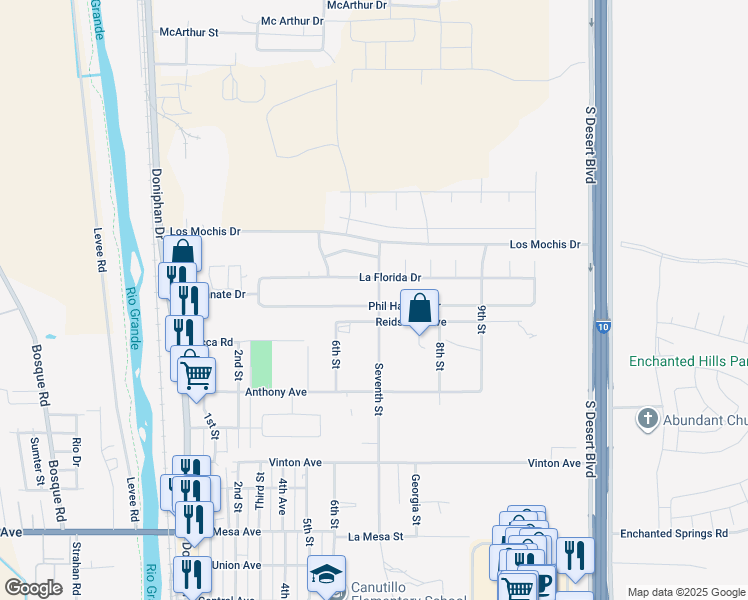map of restaurants, bars, coffee shops, grocery stores, and more near 525 Phil Hansen Drive in Canutillo