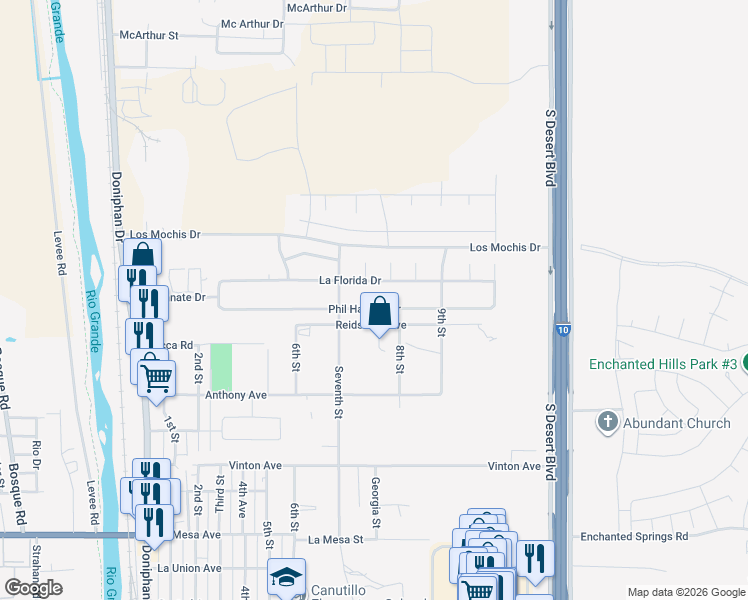 map of restaurants, bars, coffee shops, grocery stores, and more near 612 Phil Hansen Drive in Canutillo