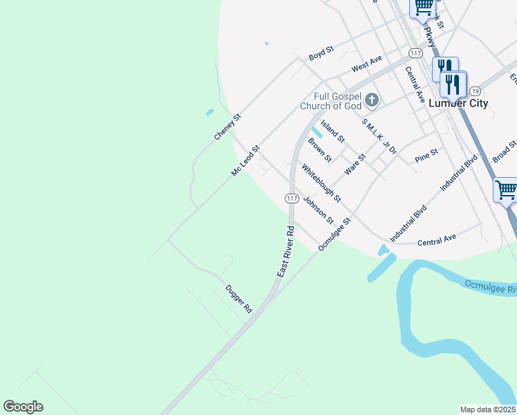 map of restaurants, bars, coffee shops, grocery stores, and more near 150 Main Street in Lumber City