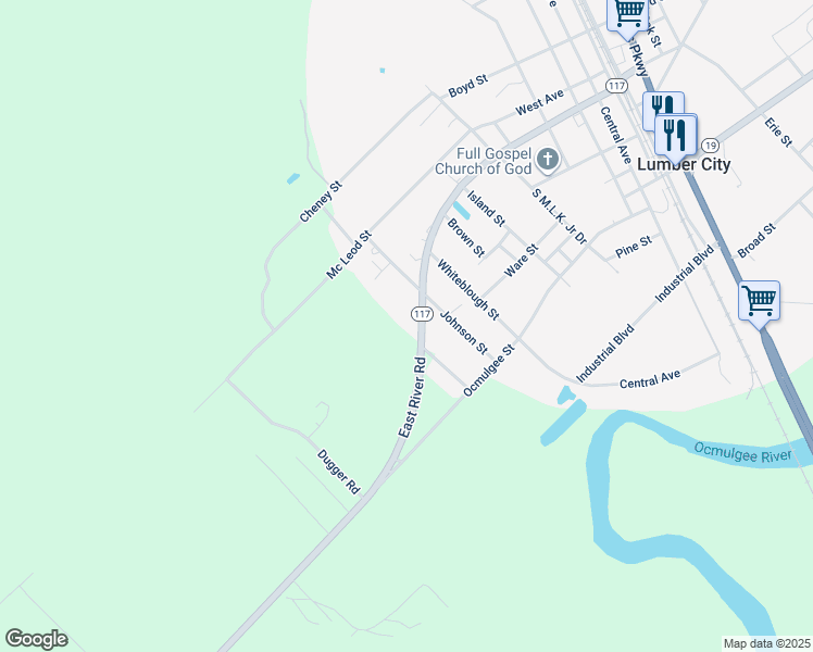map of restaurants, bars, coffee shops, grocery stores, and more near 150 Main Street in Lumber City