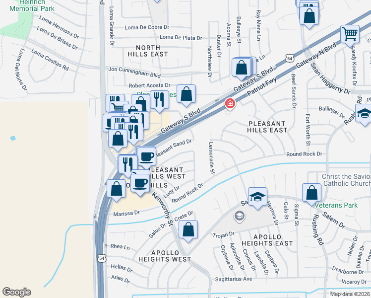 map of restaurants, bars, coffee shops, grocery stores, and more near 10696 Pleasant Sand Drive in El Paso