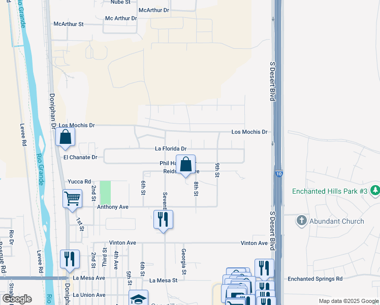 map of restaurants, bars, coffee shops, grocery stores, and more near 632 La Florida Drive in Canutillo