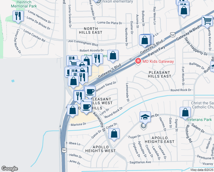 map of restaurants, bars, coffee shops, grocery stores, and more near 10724 Pleasant Sand Drive in El Paso