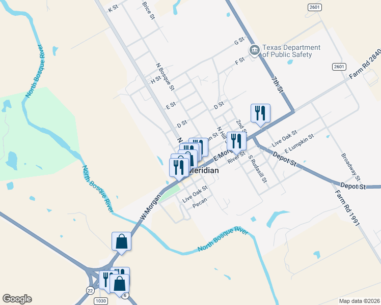 map of restaurants, bars, coffee shops, grocery stores, and more near 209 North Main Street in Meridian