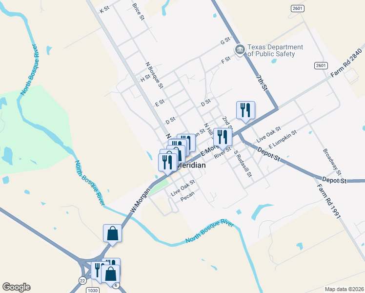 map of restaurants, bars, coffee shops, grocery stores, and more near 209 Main Street in Meridian