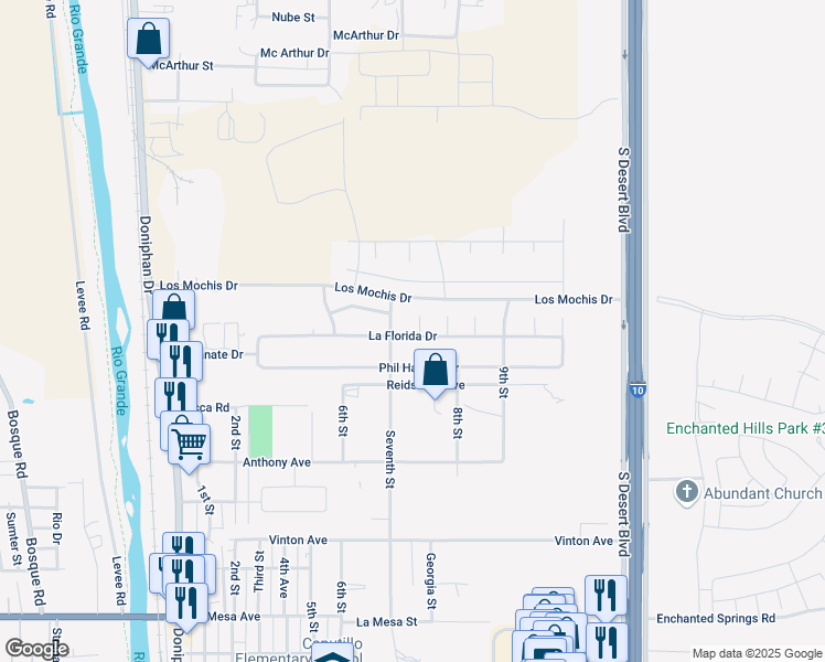 map of restaurants, bars, coffee shops, grocery stores, and more near 7351 La Casa Way in Canutillo