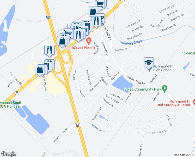 map of restaurants, bars, coffee shops, grocery stores, and more near 34 Blue Heron Court in Richmond Hill