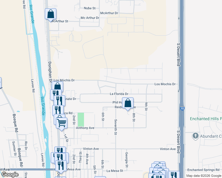map of restaurants, bars, coffee shops, grocery stores, and more near 520 Gina Vega Drive in Canutillo