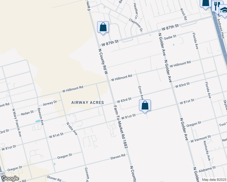 map of restaurants, bars, coffee shops, grocery stores, and more near 8300-8398 Farm-To-Market Road 1882 in Odessa