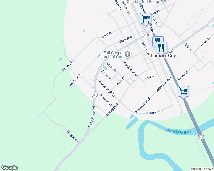 map of restaurants, bars, coffee shops, grocery stores, and more near 26 Brown Street in Lumber City