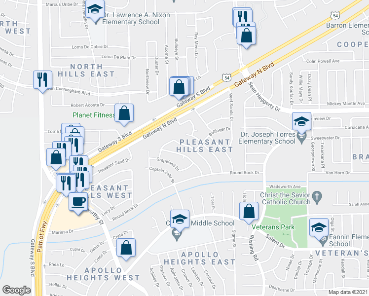 map of restaurants, bars, coffee shops, grocery stores, and more near 10732 White Sands Drive in El Paso