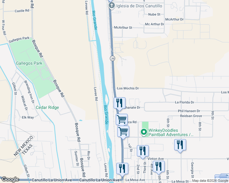 map of restaurants, bars, coffee shops, grocery stores, and more near 7311-7347 Doniphan Drive in Canutillo